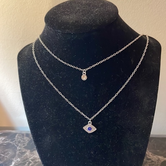 Blue Evil Eye Layered Silver Necklace - Picture 8 of 12